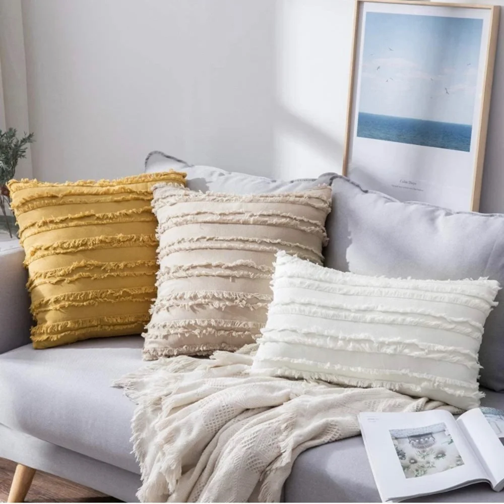 Luxury Home | Oversized Mustard Boho Frayed Edge Striped Jaquard Pillow Covers